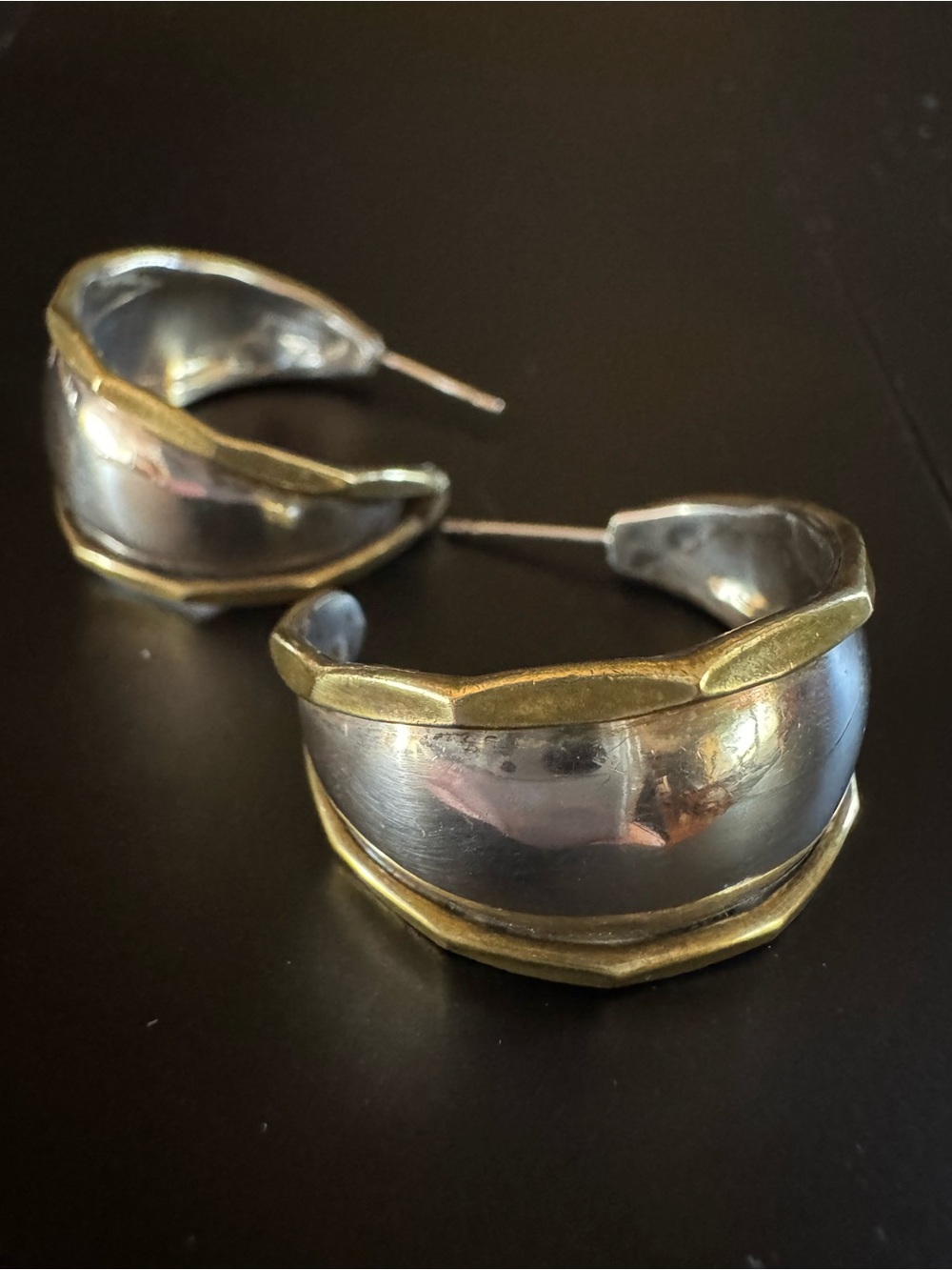 Vintage 925 Sterling Silver Two Tone Wide Hoop Earrings Modernist